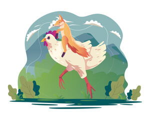 vector illustration of a fox riding a chicken