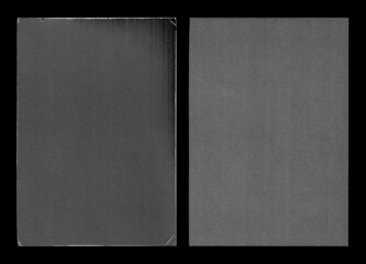 Old Black Empty Aged Damaged Paper Cardboard Photo Card Isolated on Black. Real Halftone Scan. Folded Edges. Rough Grunge Shabby Scratched Torn Ripped Texture. Distressed Overlay Surface for Collage.  - 483134178
