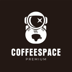 Coffee shop logo.  astronaut holding coffee in negative space logo style. usable for brand, business and company logos. flat design logo template. vector illustration