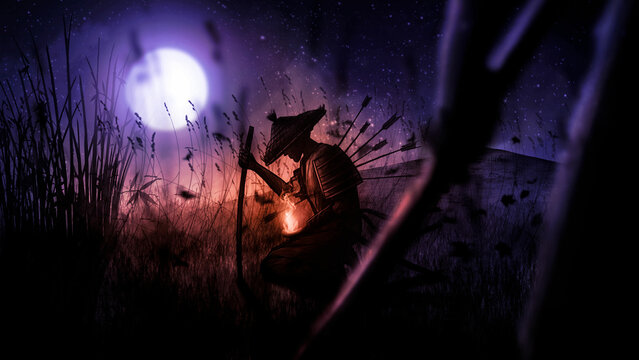 A Night Scene Under The Moon With Two Japanese Warriors After A Fight With A Katana In Their Hands. Illustration With A Samurai, Pierced By Arrows, In A Field, Kneeling With A Fiery Flower In His Hand