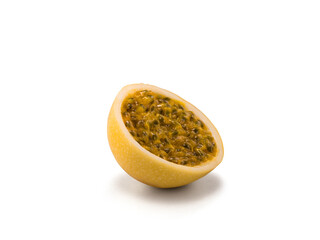 Half passion fruit on white background