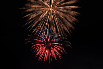 Beautiful festive fireworks against the black night sky. Fiery New Year's flowers, light representation.