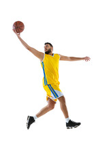 One professional basketball player practicing isolated on white studio background. Sport, motion, activity, movement concepts.