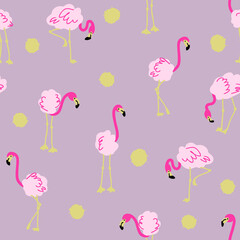 Hand drawn seamless pattern with flamingo and spots. Perfect for T-shirt, textile and print. Doodle vector illustration for decor and design.
