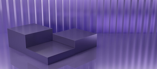 Shiny purple box pedestal or podium  with studio backdrops. Metallic magenta  Blank display or clean room for showing product.  3D rendering.