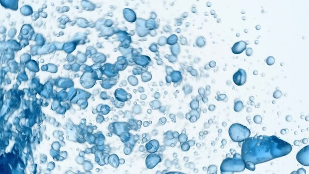 A lot of blue different sized clear bubbles of hypochlorous acid are swirling in clear liquid on white background | Abstract body care cosmetics with hypochlorous acid formulating concept
