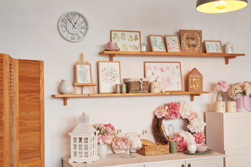 Pink kitchen. Studio apartment. Loft interior. Shelves and spring decor in room. Rent and delivery of housing. Hostel and hotel. Valentine's day, mother's day