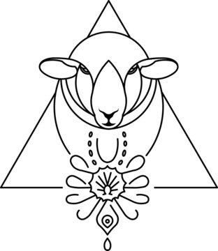 a graphic sign presenting a sheep in a modern way, a traditional highlander pattern and mountains