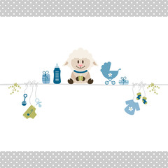 Schaf Auf Leine Babysymbole Junge Retroblau Olivgrün Kante Punkte Grau