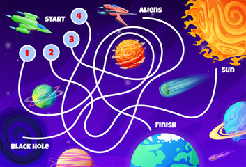 Maze game for kids with galaxy futuristic planet spaceship at outer space vector flat illustration © Vikivector