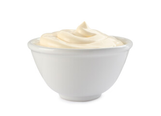 Bowl with tasty mayonnaise isolated on white