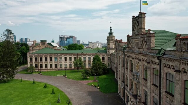 Aerial footage of the main building of the Kiev Polytechnic Institute.