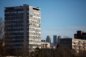 Urban view with concrete brutalist buildings in Vozdovac district, Belgrade, Serbia.