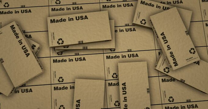 Made in USA box production line. Manufacturing and delivery. Product factory, import and export. Abstract background concept 3d rendering animation.