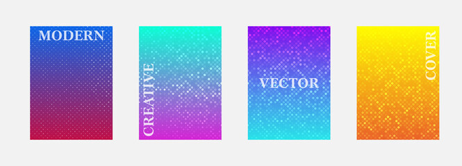 Vector halftone cover design templates. Layout set for covers of books, albums, notebooks, reports, magazines. Dot halftone gradient effect, modern abstract design. Planner and diary cover for print.