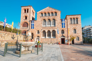 Famous building of majestic St. Demetrios Church in Thessaloniki. Pilgrimage and worship in Greece concept