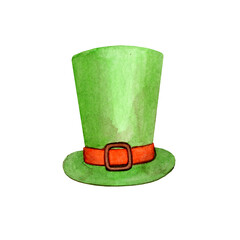 Leprechaun watercolor top hat. Gentleman's clothing accessory. Hand drawn illustration isolated on white background.