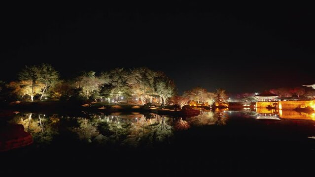 Gyeongju, South Korea - Nov 2021 : Gyeongju travel Donggung Palace, Pavilion in Anapji lake at night . Gyeongju, South Korea.