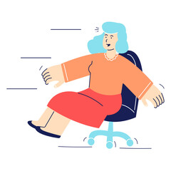 woman rides in an office chair