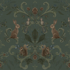 Victorian forest seamless pattern. Woodland animals on dark green background hand drawn illustration © Fleur*Design