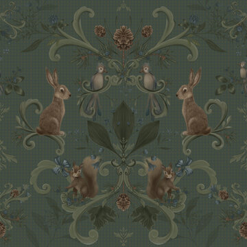 Victorian forest seamless pattern. Woodland animals on dark green background hand drawn illustration