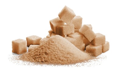 Pile of brown granulated sugar and sugar cubes on the desk