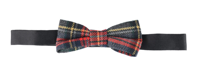 Stylish tartan bow tie isolated on white