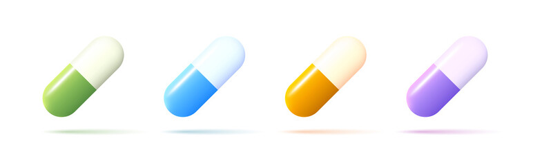 3d vector pills icon set, render style, duo capsules drug or vitamin