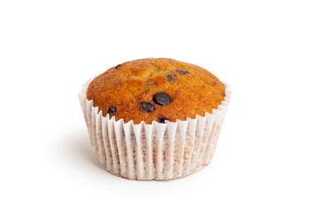 A chocolate chip banana muffin or cupcake in a white paper cup isolated on the white background....
