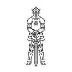 Fototapeta na wymiar knight with sword. Comic outline monochrome vector.