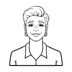 business woman with shirt and short hair. Monochrome avatar outline comic.