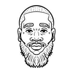 african man with beard. Face monochrome outline comic.