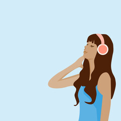 woman wearing headphones to listen to music with blue background