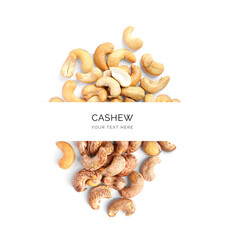 Creative layout made of cashew nuts on the white background. Flat lay. Food concept.
