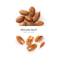 Creative layout made of pecan nuts on the white background. Flat lay. Food concept.