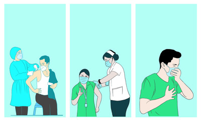 Corona vaccine. Woman wearing mask to vaccinate against COVID-19 at the hospital. Doctor vaccinating coronavirus patient. Vector illustration.