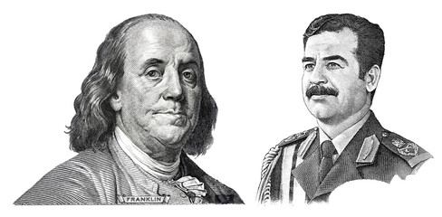Benjamin Franklin cut on new 100 dollars banknote and Saddam Hussein cut from 25  Iraqi dinar...
