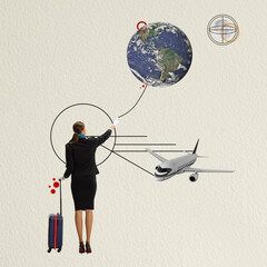 Contemporary art collage with young girl, stewardess getting ready to fly on new routes. Modern...