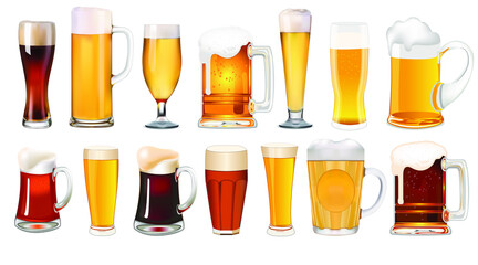 Illustration set of mugs and glasses with light and dark beer isolated on white