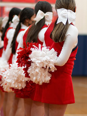 Cheerleaders standing with their pom poms behind them at a basketball game
