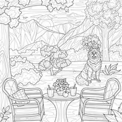 Fototapeta na wymiar Picnic in the forest and a dog.Landscape.Coloring book antistress for children and adults. Illustration isolated on white background. Zen-tangle style. Hand draw