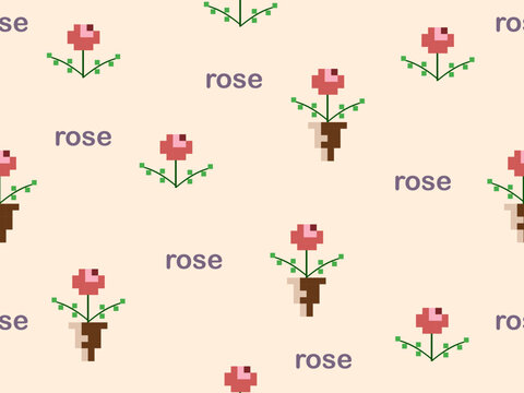 Rose cartoon character seamless pattern on orange background.Pixel style