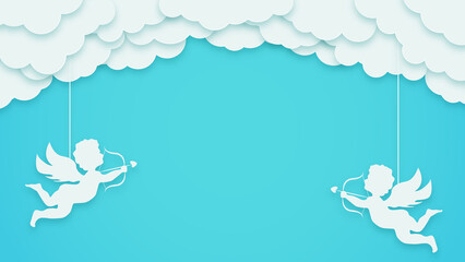 Happy Valentine's Day banner. Holiday turquoise background design with clouds and amur and cupid. Space for text