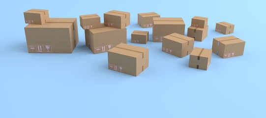 3D rendering of variety cardboard box, brown shipping box and boxes of various sizes. Concept of money, Business on mobile and delivery, concept Business Online delivery, isolated on blue background.