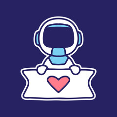 Cute astronaut mascot character holding banner with love sign. Illustration for sticker and t shirt.