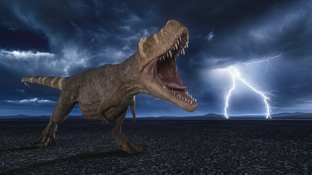 Tyrannosaurus Rex dinosaur roars in a barren desert landscape at night with lightning storm in the background. 3D rendering.