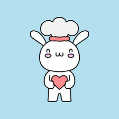 Cute chef bunny mascot character holding heart. Illustration for sticker and t shirt.