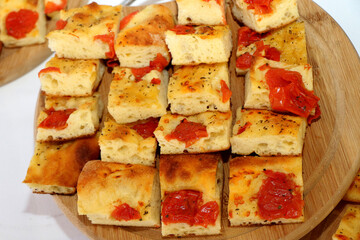 Tray with Bari-style focaccia bread. Apulian food. Bakery food