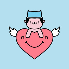 Cute kid with cat hat mascot holding heart. Illustration for sticker and t shirt.