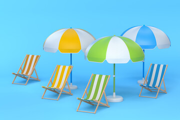 Beach chairs with umbrellas and beach ball on blue background.